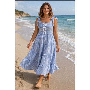 Women's Oddli Blue White Striped Tiered Maxi Dress M